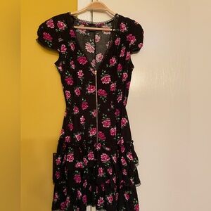 Dark Floral Coquette Shabby Chic Boho V-Neck Ruffle Dress Size S